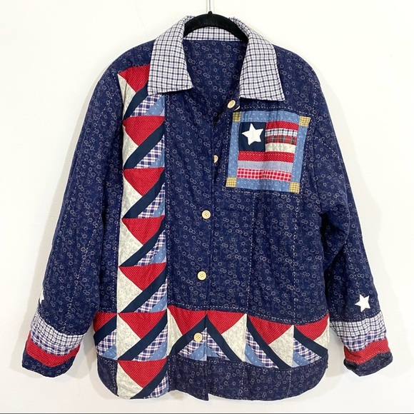 Handmade Quilted Jacket American Flag Betsy Ross 1776 13 Stars Reversible Medium - Picture 1 of 8